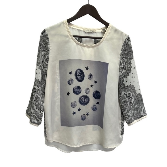 Maison Scotch Beige Black Graphic Top 3/4 Sleeves Size S - Picture 3 of 10